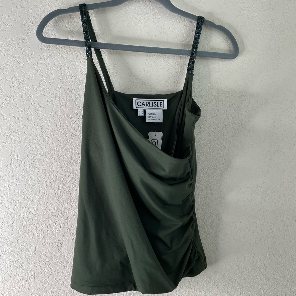 Carlisle Olive Green Draped Tank with Beaded Straps